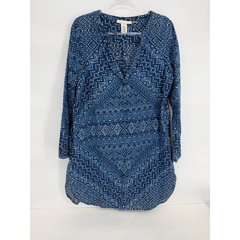 HM LOGG Blue White Geometric Print Cotton Tunic Top Split V-Neck Sz 12